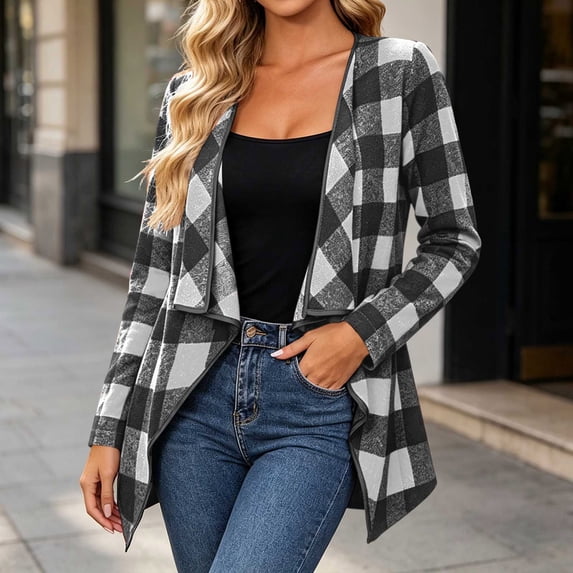 Women's Plaid Blazer Cardigan Asymmetric Lapel Short Jacket, Draped Long Sleeve Casual Coat Black S