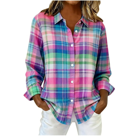 Women's Plaid Blouses Classic Long Sleeve Button Down Collared Shirts Casual Business Boho Tops Trendy Fall Outfits (S, Purple)