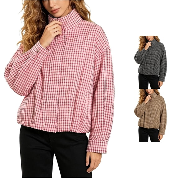 Women's Plaid Bomber Jacket Zip Up, Casual Fall Coat Long Sleeve Lightweight Street Style