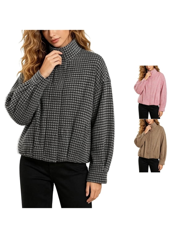 Women's Plaid Bomber Jacket Zip Up, Casual Fall Coat Long Sleeve Lightweight Street Style