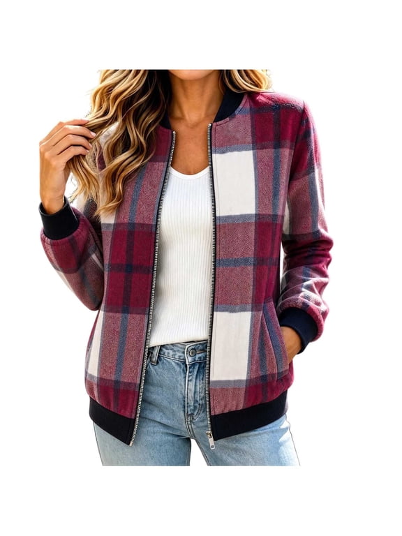 Women's Plaid Bomber Jacket Zip Up Wool Blend Long Sleeve Warm Fall Winter Coats with Pockets, Ribbed Details (L, Wine)