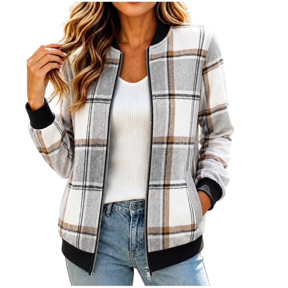 Women's Plaid Bomber Jacket Zip Up Wool Blend Long Sleeve Warm Fall Winter Coats with Pockets, Ribbed Details (M, Gray)