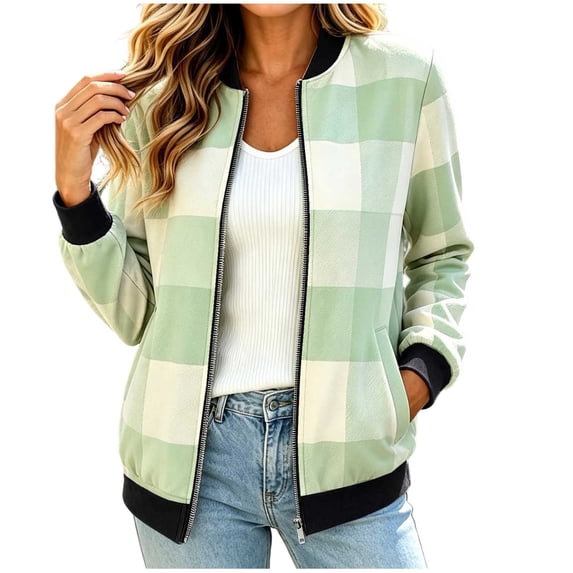 Women's Plaid Bomber Jacket Zip Up Wool Blend Long Sleeve Warm Fall Winter Coats with Pockets, Ribbed Details (M, Green)