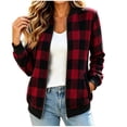 thumbnail image 1 of Women's Plaid Bomber Jacket Zip Up Wool Blend Long Sleeve Warm Fall Winter Coats with Pockets, Ribbed Details (S, Red), 1 of 7
