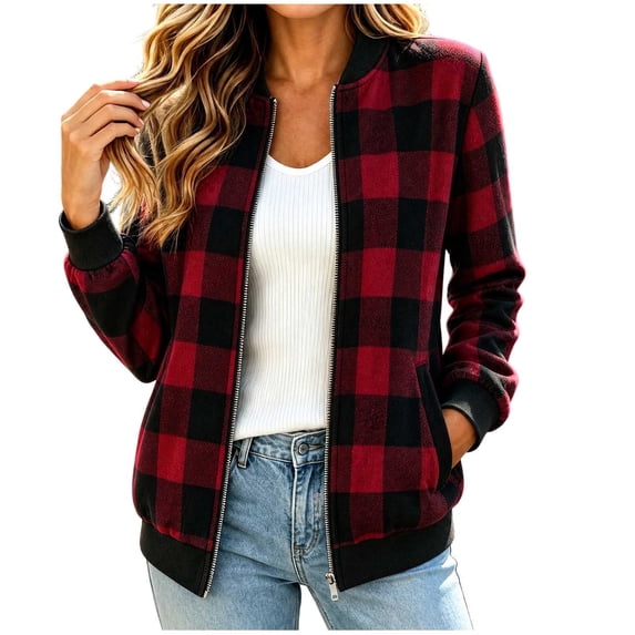Women's Plaid Bomber Jacket Zip Up Wool Blend Long Sleeve Warm Fall Winter Coats with Pockets, Ribbed Details (S, Red)