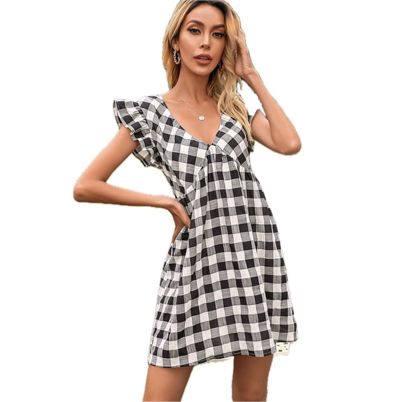 Women's Plaid Butterfly Sleeve Deep V Dress with Cap Sleeves and Flattering A line Hem 50% polyester 50% rayon
