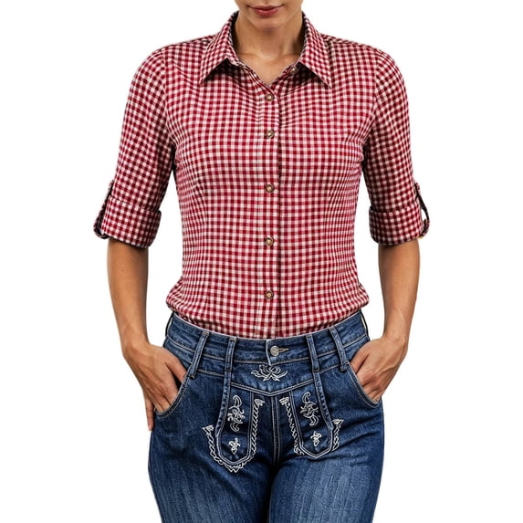 Women's Plaid Button Down Long Sleeve Oktoberfest Roll Tab No Pocket Casual Blouse Red XXXL
