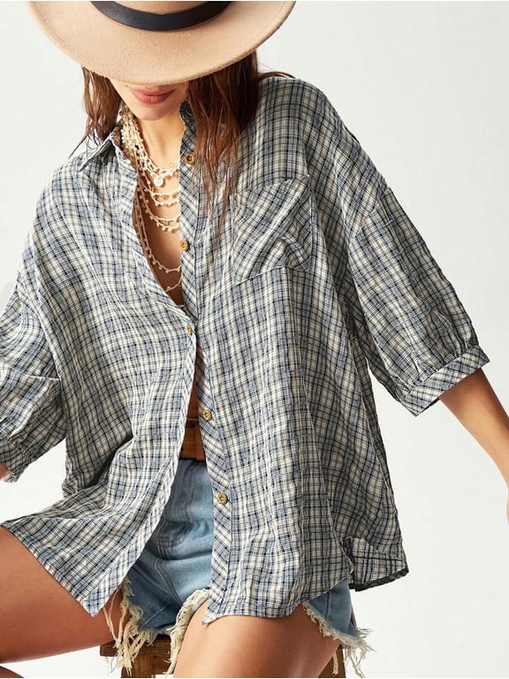 Women's Plaid Button Down Shirt, Collared Point Collar Short Sleeve Blouse, Loose Fit Chest Pocket Top, Boho Vacation Resort Wear
