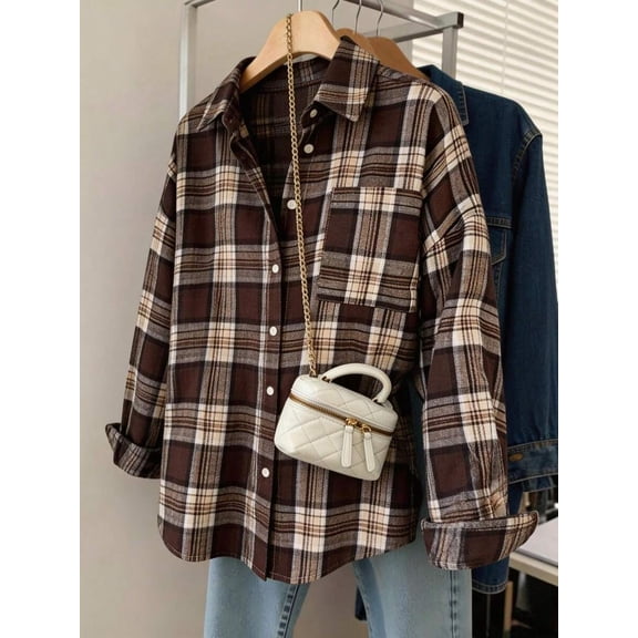 Women's Plaid Button Down Shirt, Long Sleeve Collared Loose Top With Chest Pocket Casual Daily Blouse