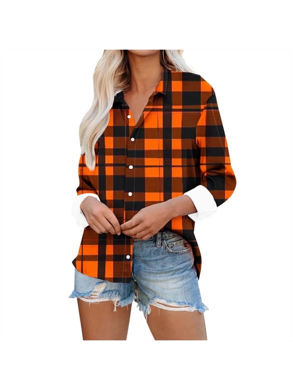 Women's Plaid Button Down Shirt Short Sleeve Collared Tops Work Office Blouse Classic Check Blouses Top Orange M