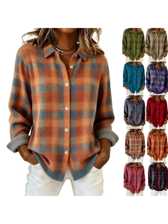 Women's Plaid Button Down Shirts Casual Long Sleeve Lightweight Cardigan Sweater Loose Fit Casual Tops Fall Winter,Gray,L