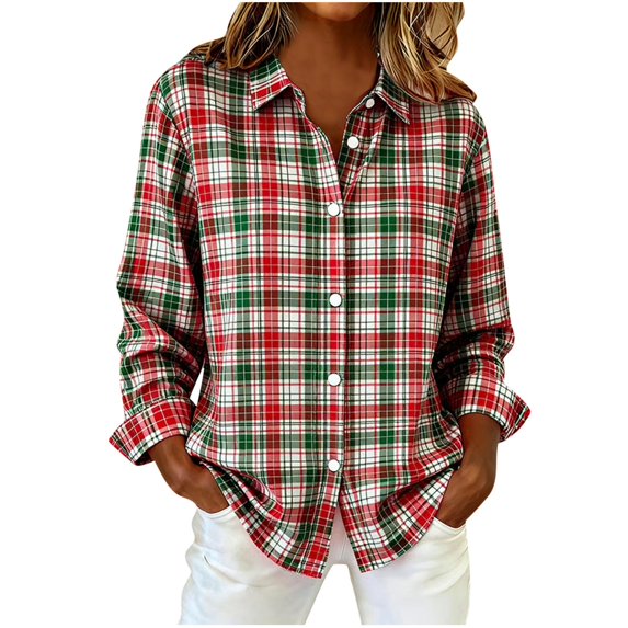 Women's Plaid Button Down Shirts Casual Long Sleeve Loose Blouse Business Office Work Wear Spring Going Out Tops