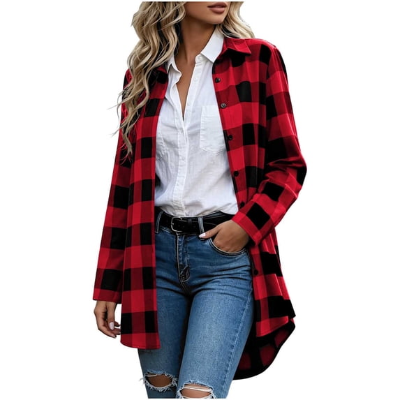 Elwylmiz Women's Plaid Button Down Shirts Collared Long Shacket Casual Curved Hem Tunic Shirt Jacket