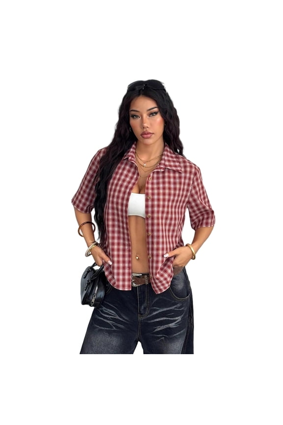 Women's Plaid Button Down Short Sleeve Shirt Collared Loose Fit Casual Checkered Blouse