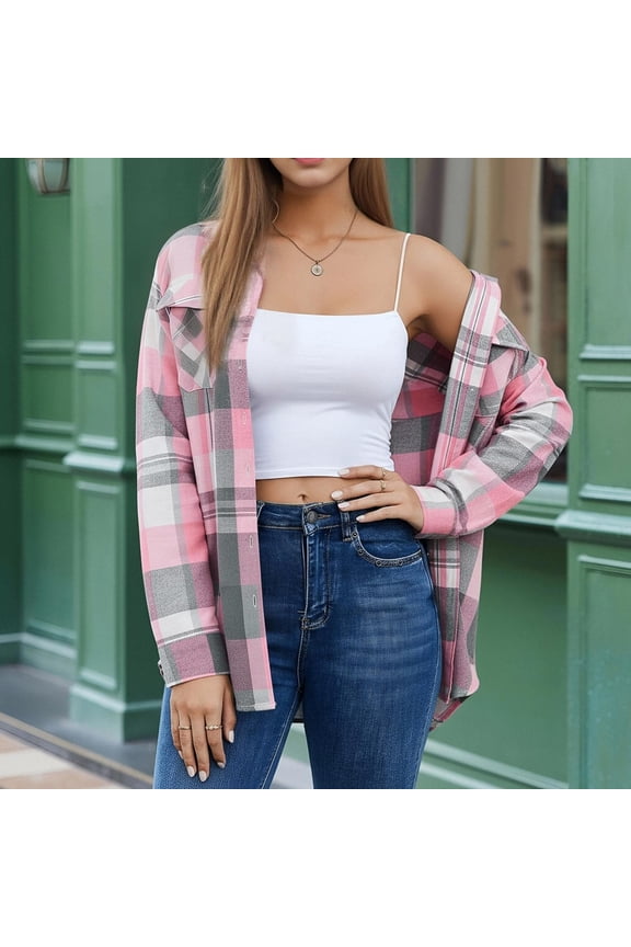 Women's Plaid Button Down with Pocket Jacket Blouse Top, Long Sleeve Loose Fit Casual Shirt, Vintage Flannel Shacket for Fall Winter | CSEONE,Pink L
