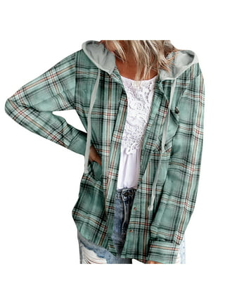 Womens Hoodies Fashion Plaid Jackets for Women Casual Button Down Long  Sleeve Plus Size Hooded Fall Jacket Black 