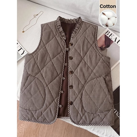 Women's Plaid Button Front Vest with Quilted Detail Stand Collar Sleeveless Top for Fall Winter Daily Wear