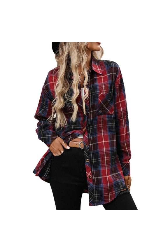 Women's Plaid Button Down with Pocket Jacket Shacket Outerwear Coat, Casual Loose Fit Longline Shirt, Fall Winter Fashion Gift for Women | CSEONE,Multicolor XL