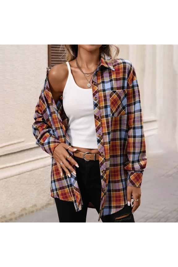 Women's Plaid Button Down Shirt Jacket Tops Blouses Long Sleeve Loose Fit Casual Daily Wear Work Office Vacation Fashion Essential Gift for Women | Aestivo,Multicolor L