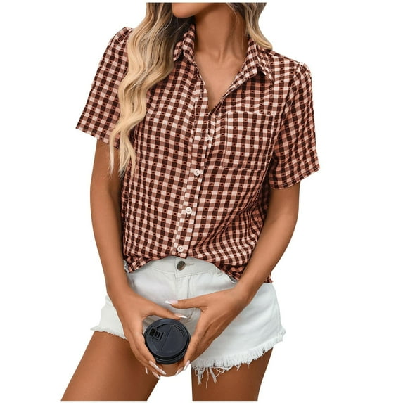 Women's Plaid Button Shirts Summer Short Sleeve T-Shirts Fashion Loose Casual Lapel Blouses Top