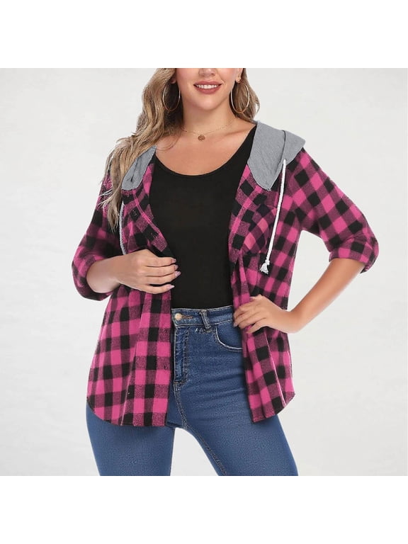 Women's Plaid Button Up Shirts Lightweight Casual Hooded Flannel Shackets Long Sleeve Hooded Sweatshirt Fall Tops (S, Hot Pink)