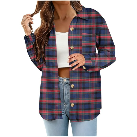 Women's Plaid Button Up Shirts Shackets Long Sleeve Lapel Collar Flannel Casual Fall Lightweight Jacket Outwear (2XL, Navy)