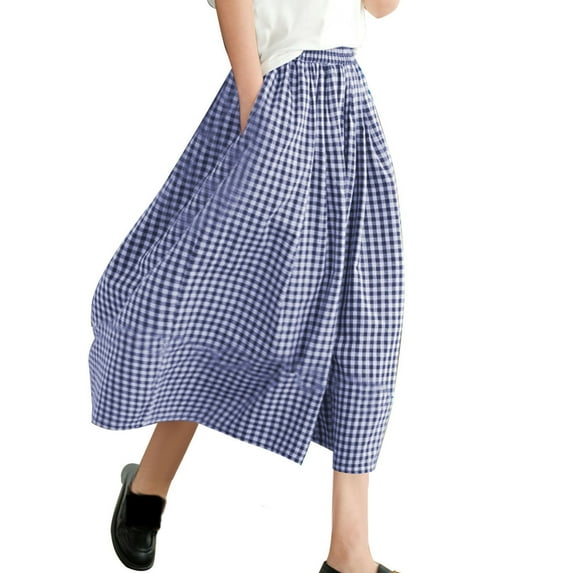 Women's Plaid Capri Pants High Elastic Waist Wide Leg Pants Work Outdoor Joggers Pants with Pockets