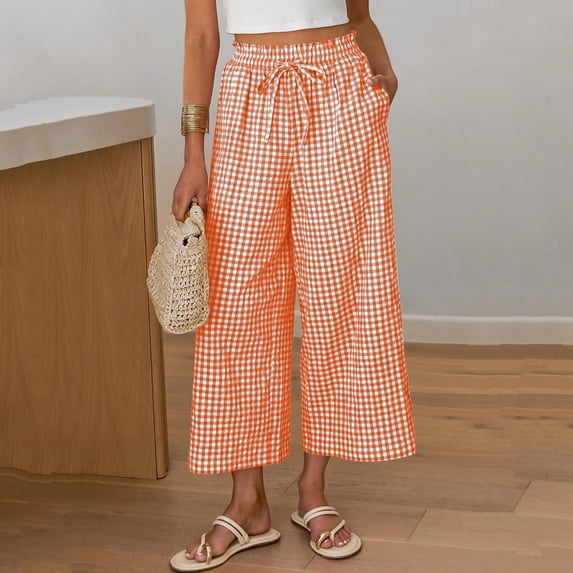 Women's Plaid Capris Pants Elastic Waist Wide Leg Linen Causal Cropped Flowy Trousers for Summer Vacation Orange XL