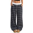thumbnail image 1 of Women's Plaid Checkered Pants Flannel Pajama Pants Lounge Wide Leg Baggy Sweatpants with Pockets Blue L, 1 of 2