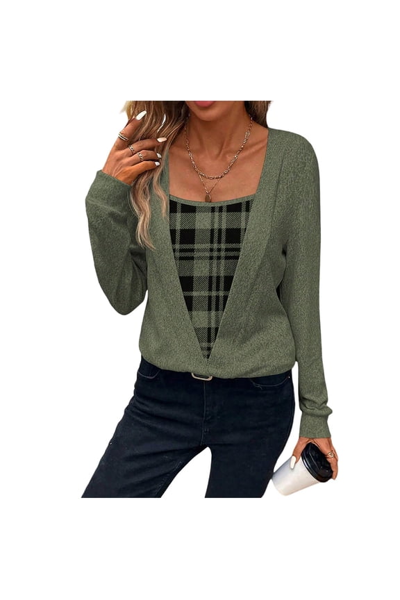 Women’s Plaid Checkered V Neck Long Sleeve Knit Sweater Top Wrap Style Square Neck Business Casual Fall Blouse Lightweight Tunic,Army Green,L