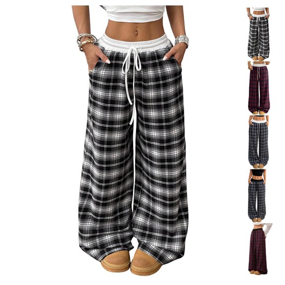 Women's Plaid Checkered Wide Leg Pants Gingham Drawstring Elastic Waist Pajama Lounge Trousers with Pockets Black S
