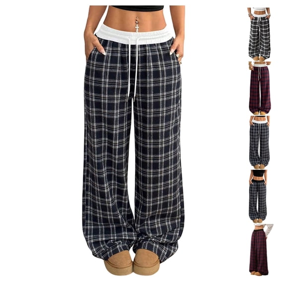 Women's Plaid Checkered Wide Leg Pants Gingham Drawstring Elastic Waist Pajama Lounge Trousers with Pockets Blue M