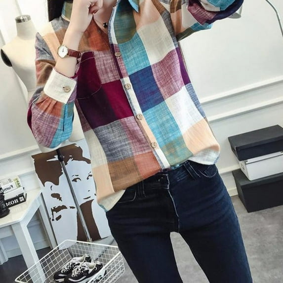 Women's Plaid Checks Button Down Casual Long Sleeve Lapel Shirt Tops Blouse