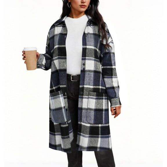 Women's Plaid Coat Long Sleeve Button Down Lapel Collar Mid Length Outerwear with Pockets Black S