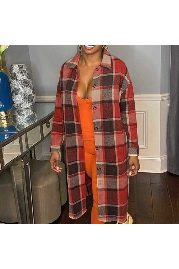 Women's Plaid Coat Winter Lapel Collar Button Front Long Sleeve Outerwear with Pockets
