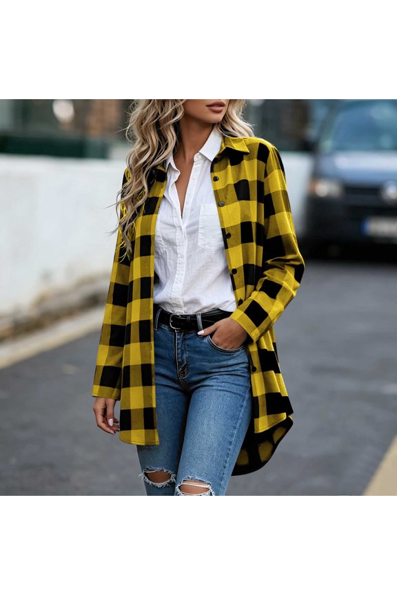 Women's Plaid Collared Long Sleeve Button Front Jacket Extended Curved Hem Loose Fit Multi Buffalo Check Shades for Street Strolls Weekend Shopping Trips Yellow XXL