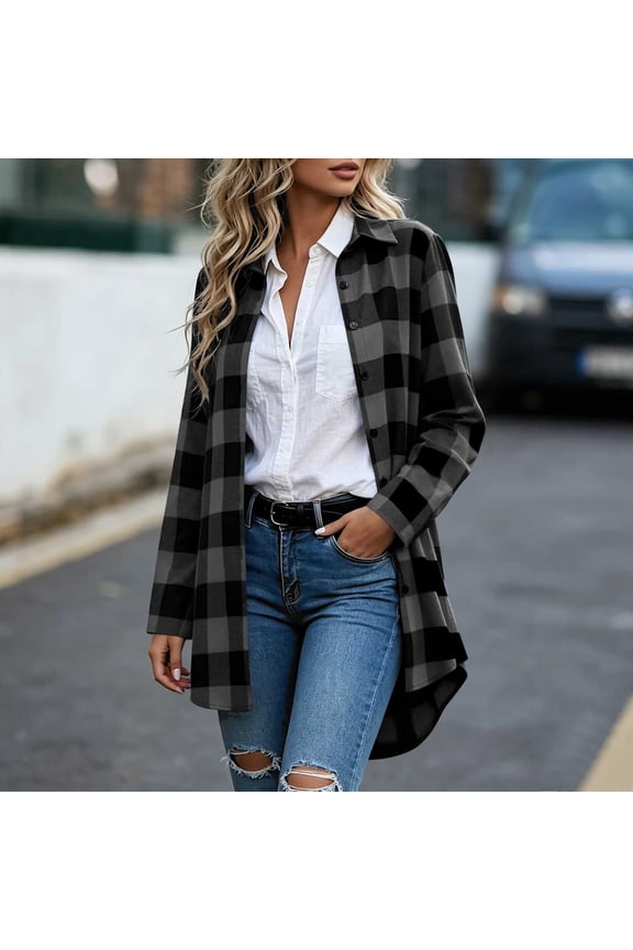 Women's Plaid Collared Long Sleeve Button Front Jacket Extended Curved Hem Loose Fit Multi Buffalo Check Shades for Street Strolls Weekend Shopping Trips Dark Gray S