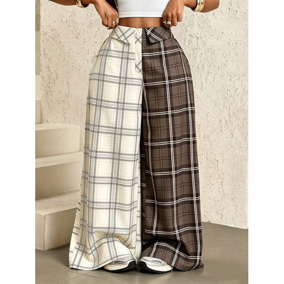 Women's Plaid Collared Wide Leg Pants, Elastic Waist Loose Fit Draped Palazzo Trousers for Everyday, Vacation & Casual Wear