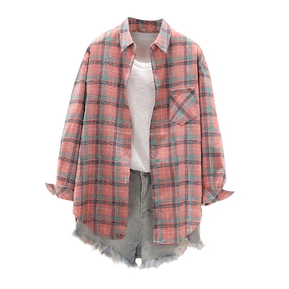 Women's Plaid Color Block Shacket Button Down Lapel Collar Lightweight Business Casual Patch Pocket Work-to-Weekend Top