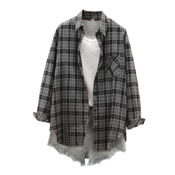 Women's Plaid Color Block Shacket Button Down Lapel Collar Lightweight Business Casual Patch Pocket Work-to-Weekend Top