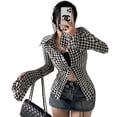 thumbnail image 1 of Women's Plaid Cotton Shirt, Long-sleeved Polo Collar, Open Front and Flared Sleeves, 1 of 4