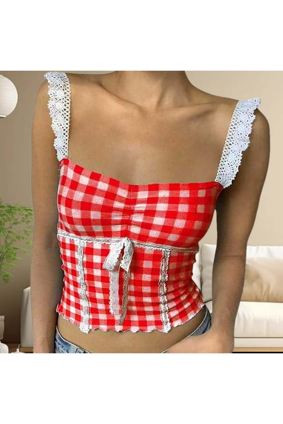 Women's Plaid Crop Top Square Neck Lace Trim Gingham Tank Top Spaghetti Strap Shirt Going Out Corset Tops Adjustable Strap Tops for Women Fashion Womens Top 90s Crop Top Athletic Crop Top Beach