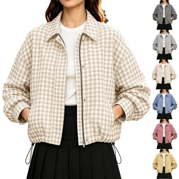 Women's Plaid Cropped Jacket Long Sleeve Plaid Collared Zip Snap Button Outerwear with Pockets,Drawstring Hem Spring Fall Outfits