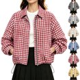 thumbnail image 1 of Women's Plaid Cropped Jacket Long Sleeve Plaid Collared Zip Snap Button Outerwear with Pockets,Drawstring Hem for Daily Wear, 1 of 8