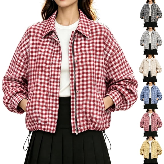Women's Plaid Cropped Jacket Long Sleeve Plaid Collared Zip Snap Button Outerwear with Pockets,Drawstring Hem for Daily Wear