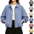 thumbnail image 1 of Women's Plaid Cropped Jacket Long Sleeve Plaid Collared Zip Snap Button Outerwear with Pockets,Drawstring Hem for Daily Wear, 1 of 8