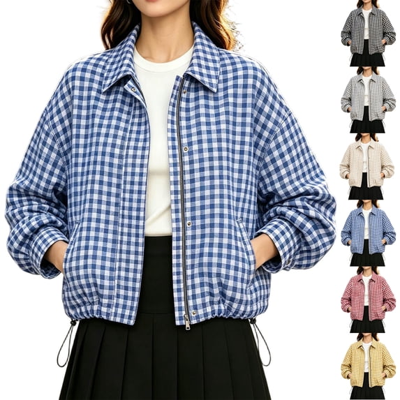 Women's Plaid Cropped Jacket Long Sleeve Plaid Collared Zip Snap Button Outerwear with Pockets,Drawstring Hem for Daily Wear