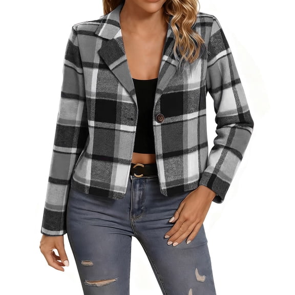 Women's Plaid Cropped Jacket Notched Lapel Button Down Blazer Trendy Long Sleeve Blazer Coat Casual Versatile Top,S,Gray