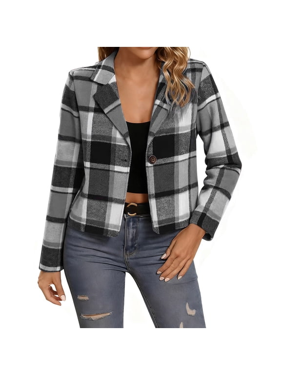 Women's Plaid Cropped Jacket Notched Lapel Button Down Blazer Trendy Long Sleeve Blazer Coat Casual Versatile Top,S,Gray
