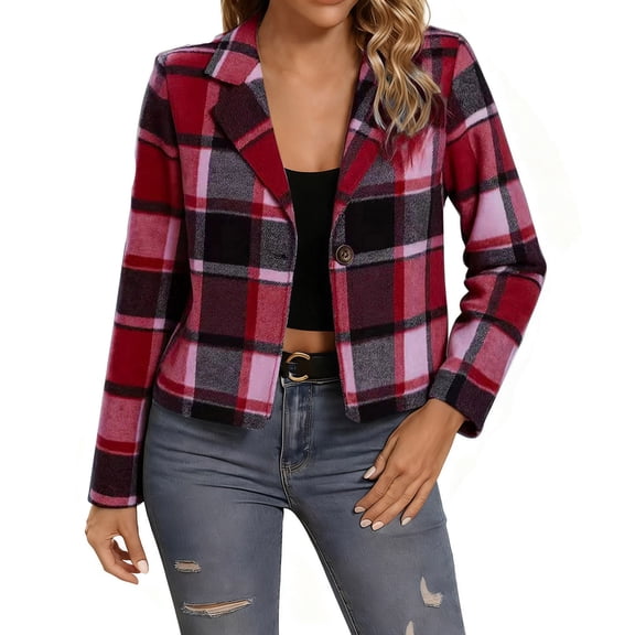 Women's Plaid Cropped Jacket Notched Lapel Button Down Blazer Trendy Long Sleeve Blazer Coat Casual Versatile Top,S,Hot Pink